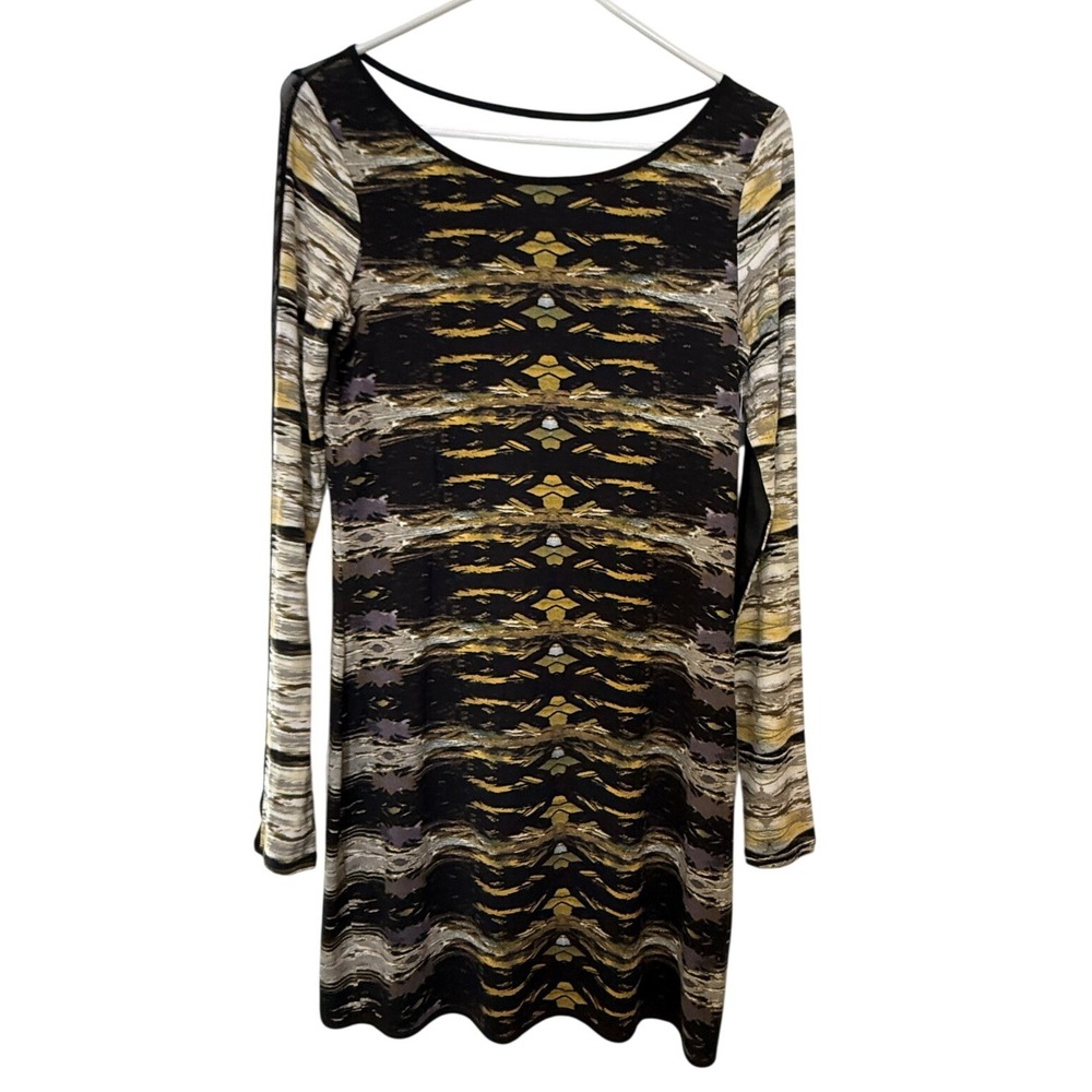 Silence + Noise Mini Dress Womens Medium Yellow Black Abstract Mesh Long Sleeve